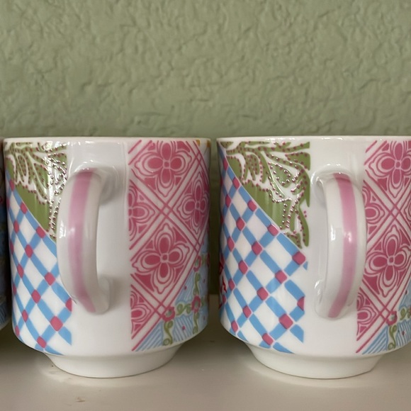 Vintage Set-of-4 Patchwork Quilt Design 8-ounce stackable porcelain mugs, Japan - Picture 8 of 14